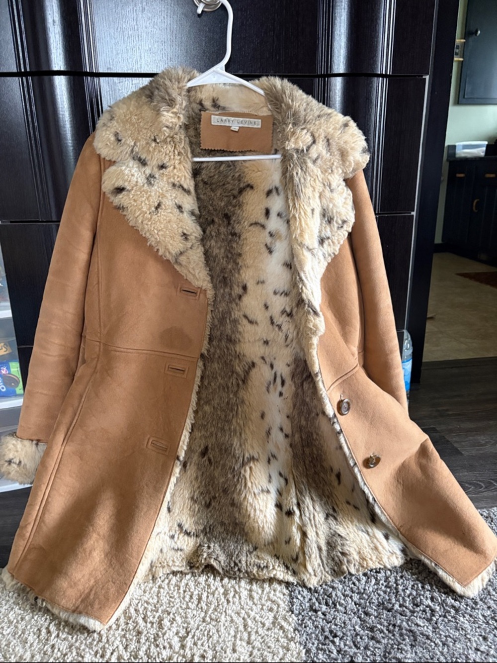 Larry Levine Camel Shearling Trench Coat with Spotted Fur Lining